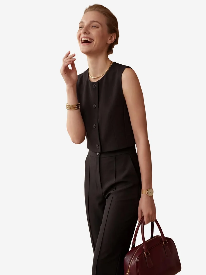 MY FASHION Black MY FASHION Crew Neck Crop Vest & High Waist Pants Two-Piece Set for Women | Best Price UAE